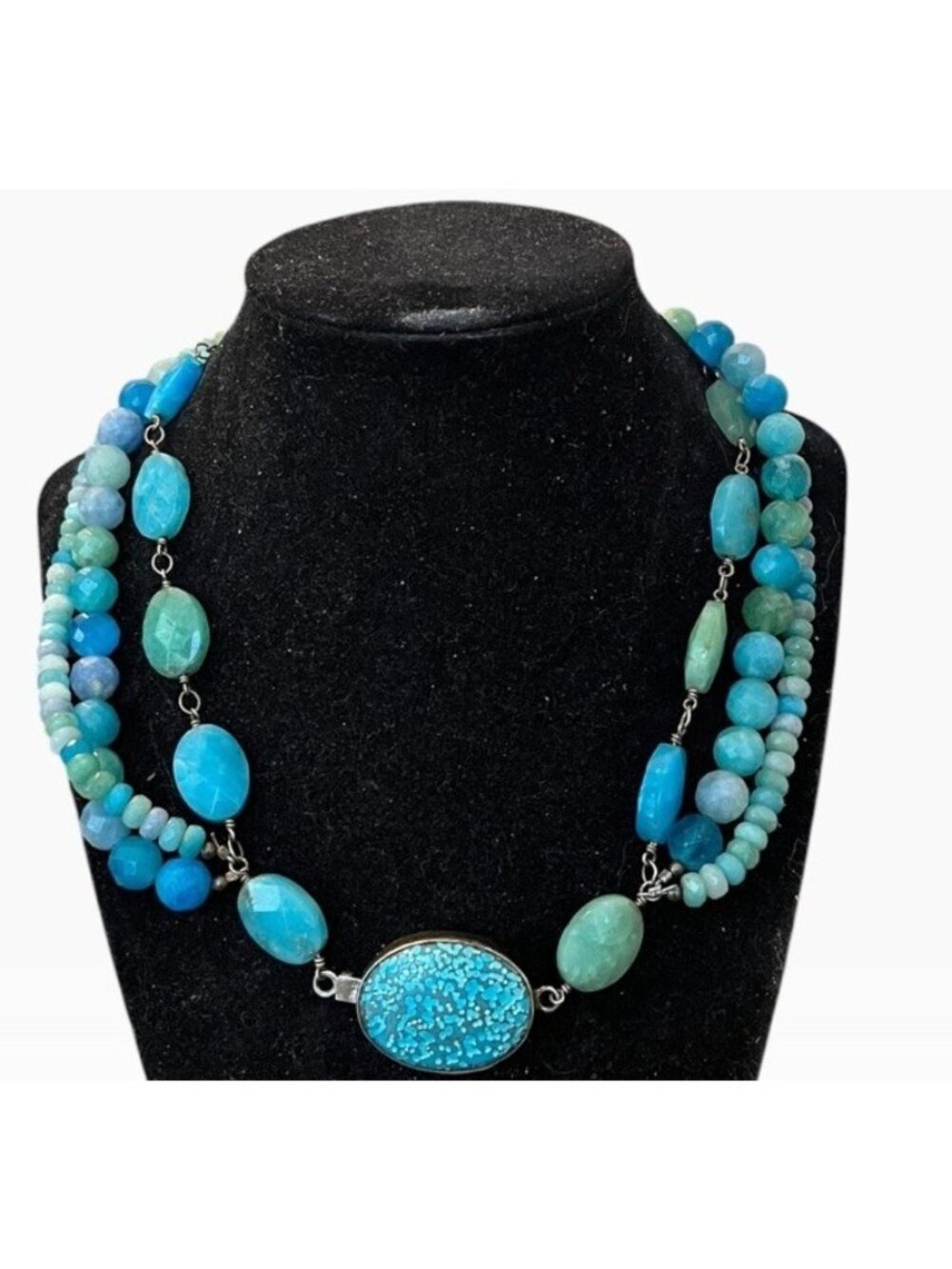 Faux Turquoise Triple Strand Beaded Choker Necklace Southwestern Oval Pendant
